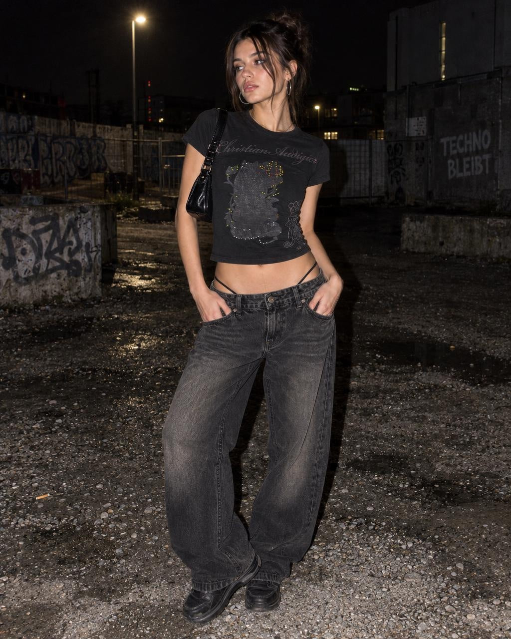 Christian Audigier Y2K Rhinestone Graphic Baby Tee - Black - Past Pieces