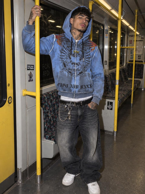 Cipo & Baxx Y2K "Ride or Die" Graphic Zip Hoodie - Washed Blue / Distressed
