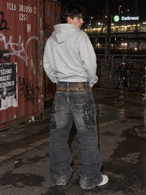 Ecko Unltd. Y2K Baggy Embroidered Rhinestone Denim - Washed Black / Grey