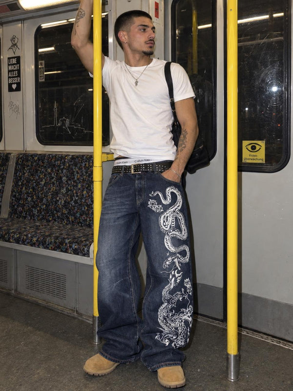 Ed Hardy by Christian Audigier Y2K Baggy Dragon & Snake Embroidered Denim - Washed Blue