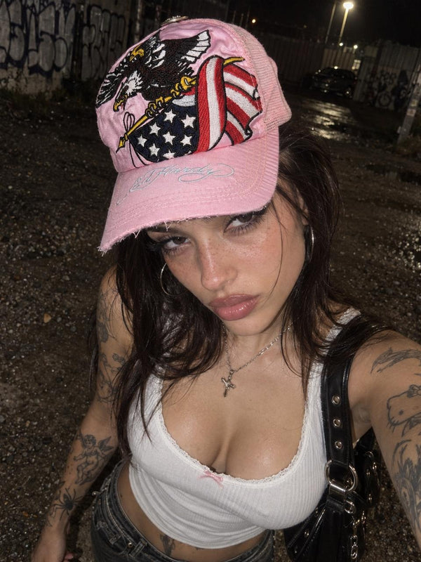 Ed Hardy Y2K "Eagle" Satin Rhinestone Trucker Cap - Pink / Distressed