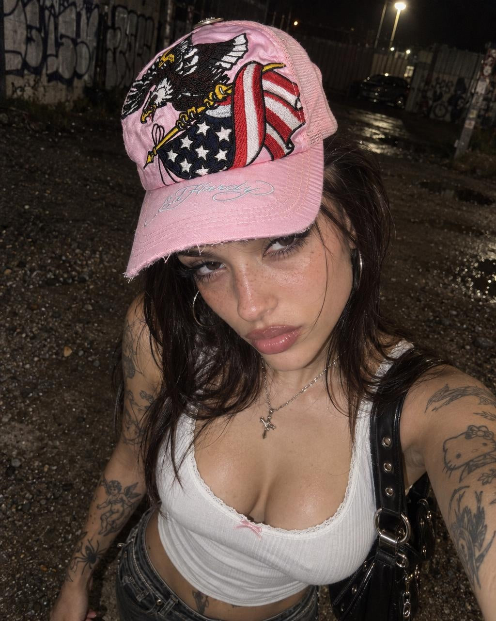 Ed Hardy Y2K "Eagle" Satin Rhinestone Trucker Cap - Pink / Distressed - Past Pieces