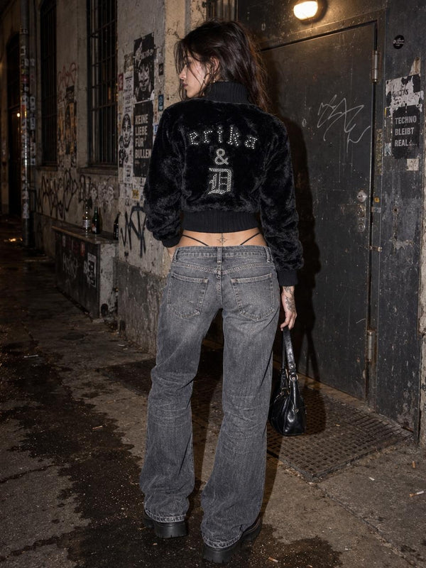 Erika & D Y2K Rhinestone Faux Fur Zip Jacket - Black Cropped