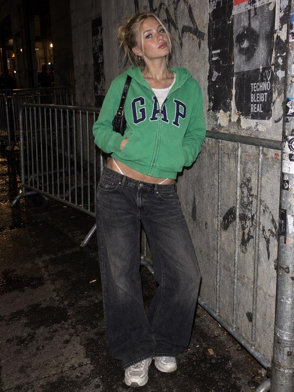 Gap Arch Logo Zip Hoodie - Green / Navy Blue Y2K Streetwear