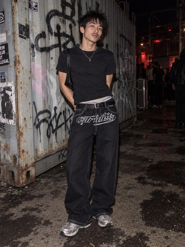 Strides Y2K Embroidered Logo Baggy Denim - Black / White Contrast Stitch