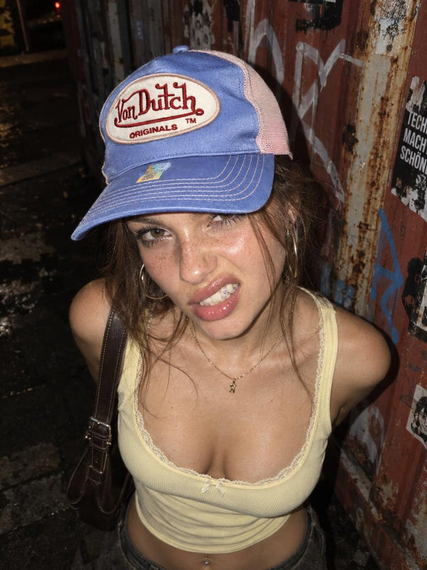 Von Dutch Originals Y2K Satin Trucker Cap - Baby Blue / Pink