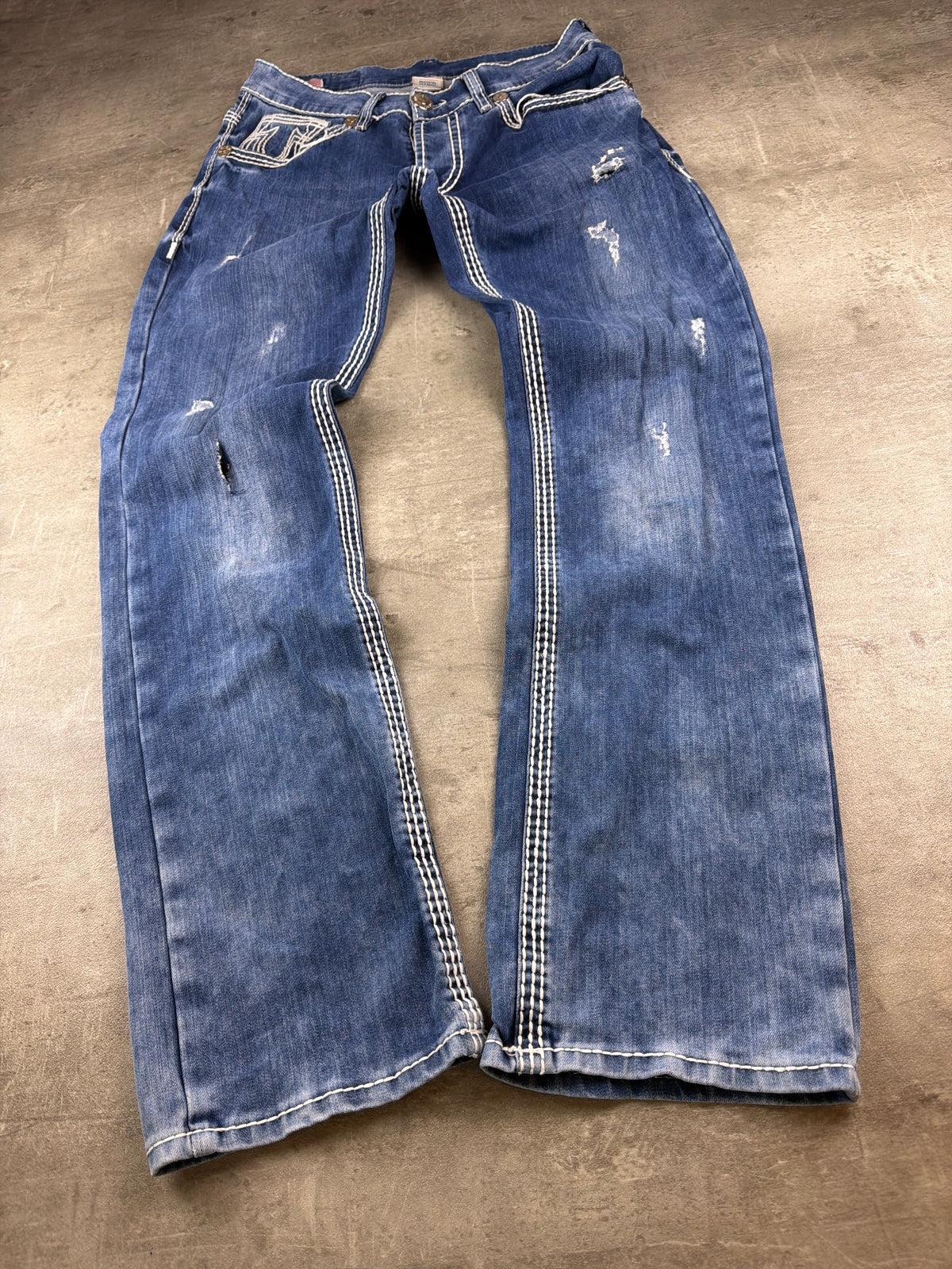 True Religion "Ricky Super T" Y2K Distressed Denim Jeans - Washed Blue - Past Pieces