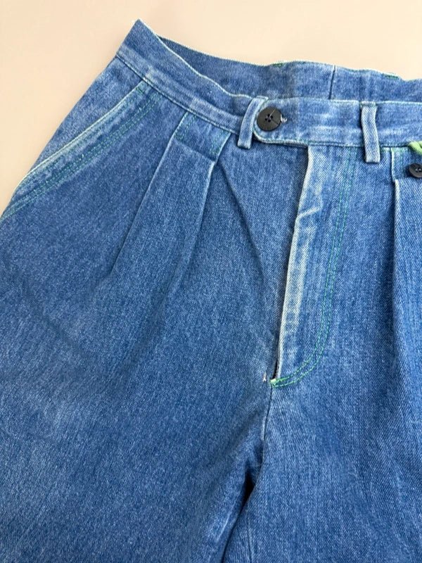 Vintage "Viper" Baggy Pleated Denim - Indigo Lime Stitch - Past Pieces