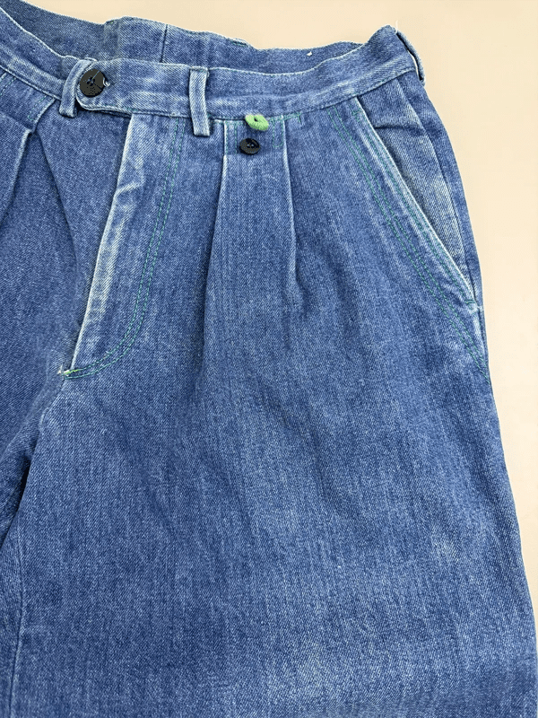 Vintage "Viper" Baggy Pleated Denim - Indigo Lime Stitch