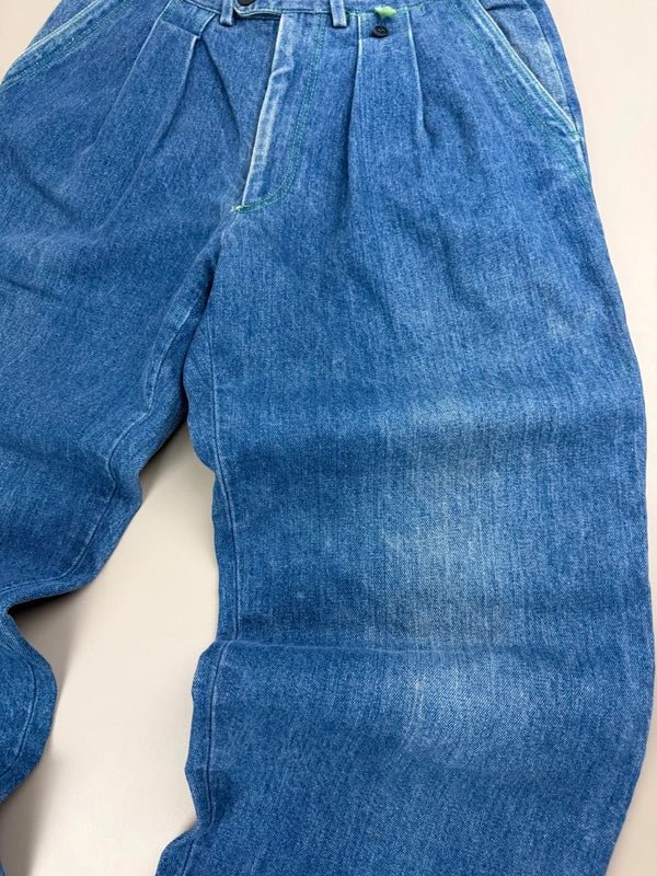 Vintage "Viper" Baggy Pleated Denim - Indigo Lime Stitch