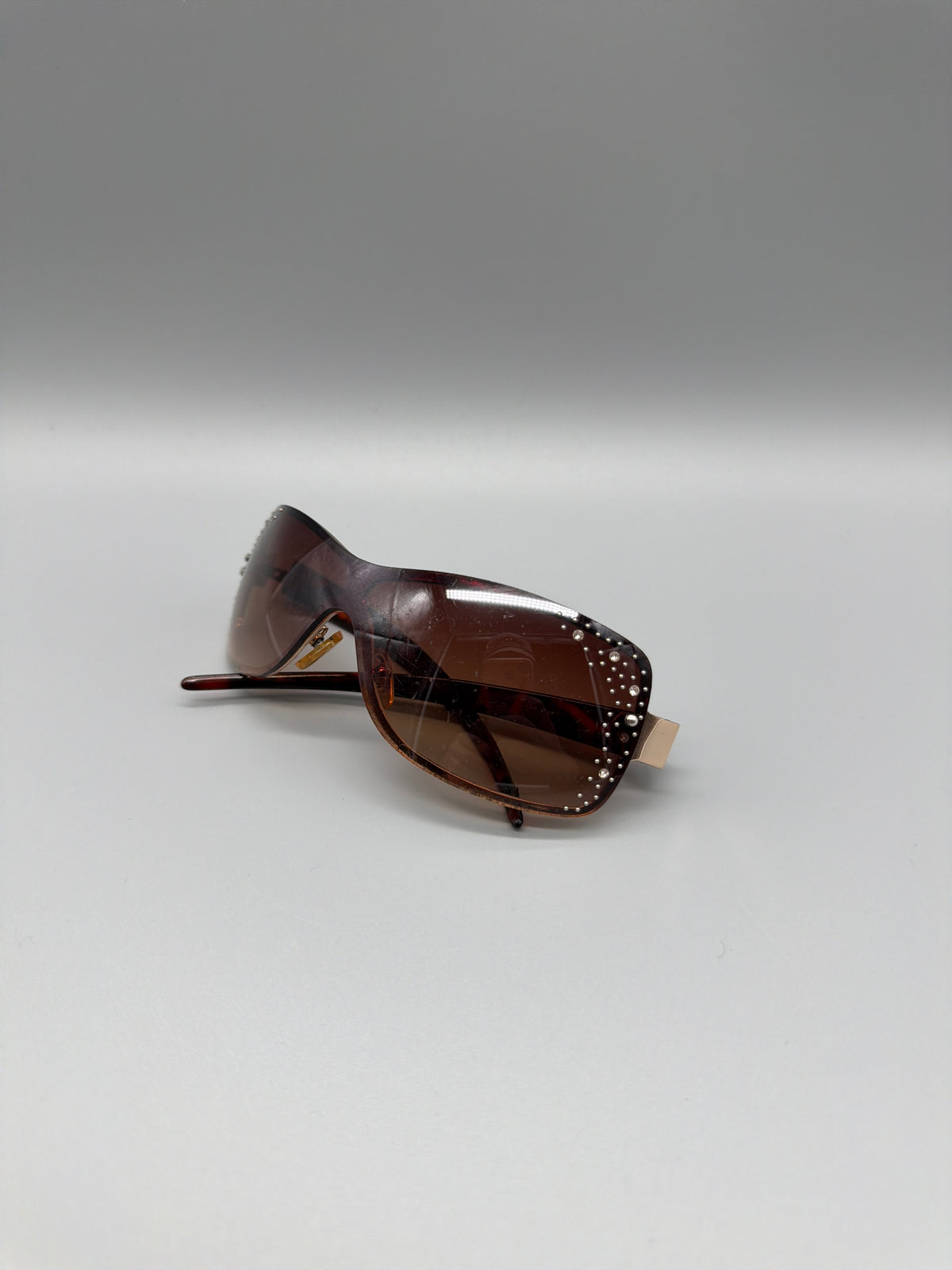 Vintage Y2K Rhinestone Shield Sunglasses - Brown Gradient / Gold - Past Pieces