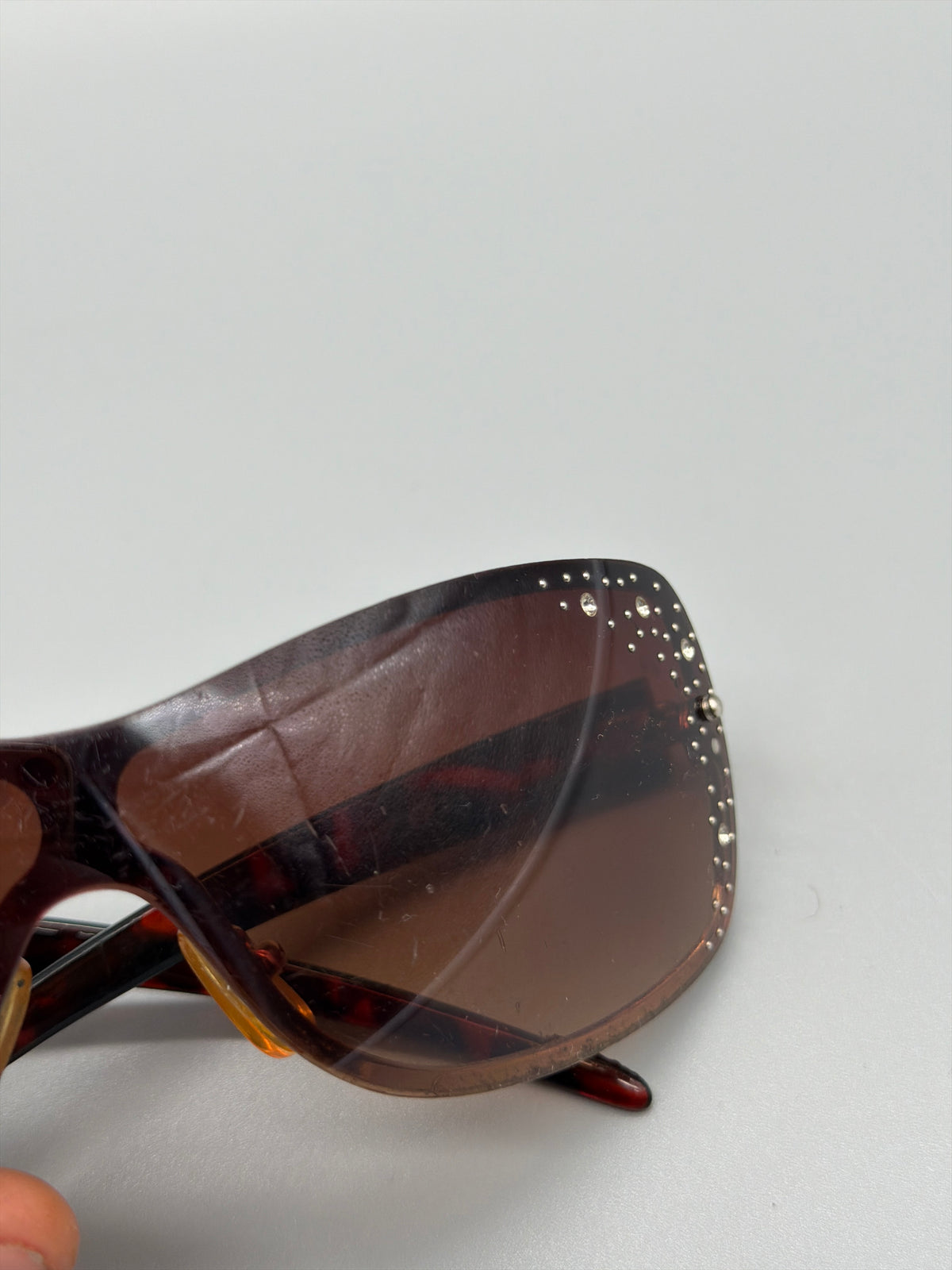 Vintage Y2K Rhinestone Shield Sunglasses - Brown Gradient / Gold - Past Pieces