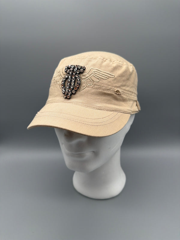 Vintage Y2K Rhinestone Winged Distressed Army Cap - Beige / Khaki