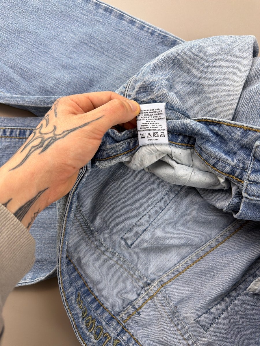 WallFlower "Stardust" Low Waist Flared Denim - Embroidered Cyber Y2K Light Wash - Past Pieces