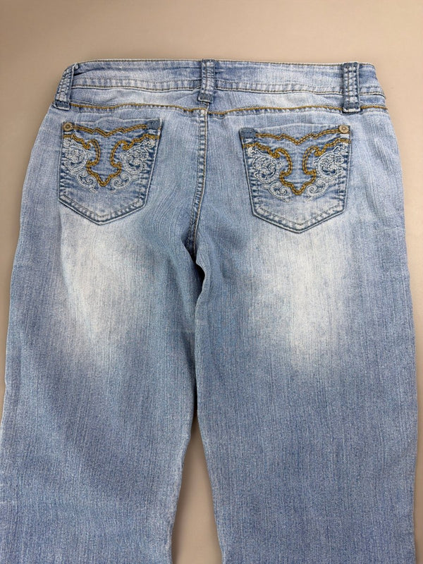 WallFlower "Stardust" Low Waist Flared Denim - Embroidered Cyber Y2K Light Wash