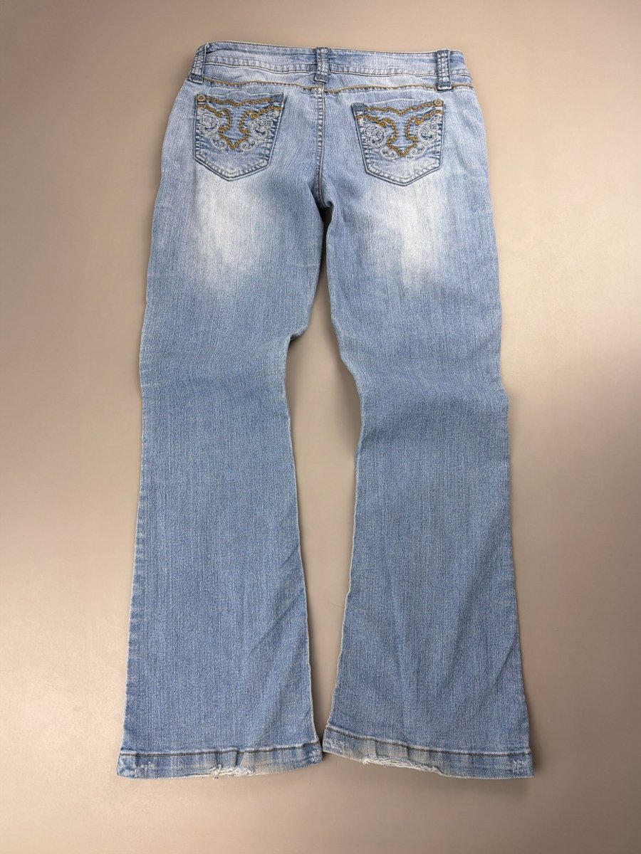 WallFlower "Stardust" Low Waist Flared Denim - Embroidered Cyber Y2K Light Wash - Past Pieces
