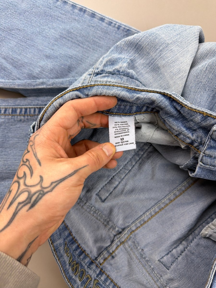 WallFlower "Stardust" Low Waist Flared Denim - Embroidered Cyber Y2K Light Wash - Past Pieces