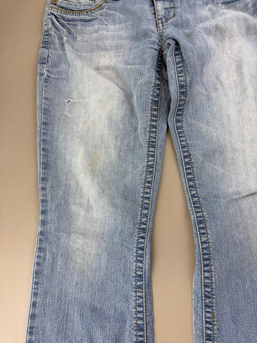 WallFlower "Stardust" Low Waist Flared Denim - Embroidered Cyber Y2K Light Wash - Past Pieces
