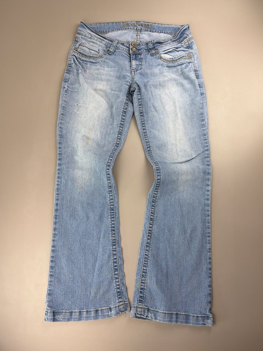 WallFlower "Stardust" Low Waist Flared Denim - Embroidered Cyber Y2K Light Wash - Past Pieces