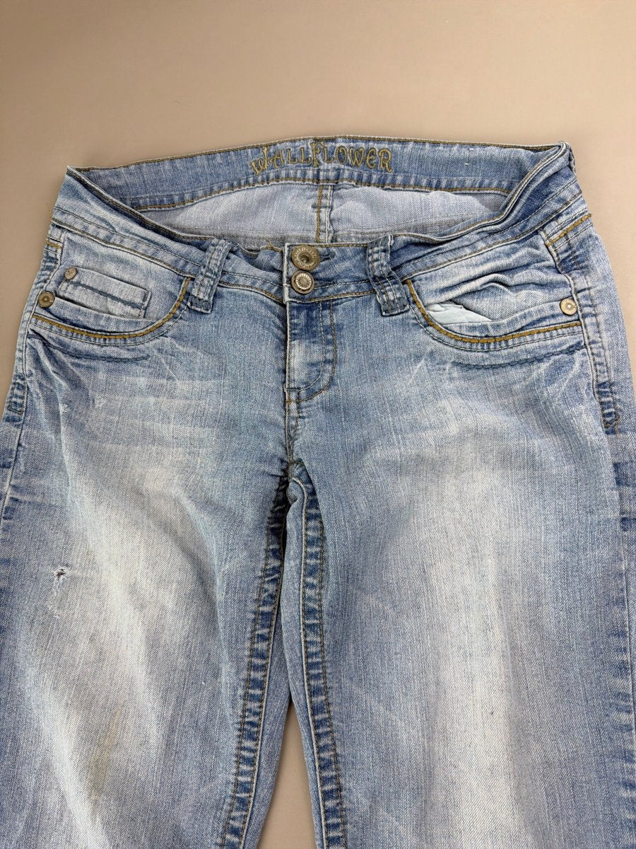 WallFlower "Stardust" Low Waist Flared Denim - Embroidered Cyber Y2K Light Wash - Past Pieces