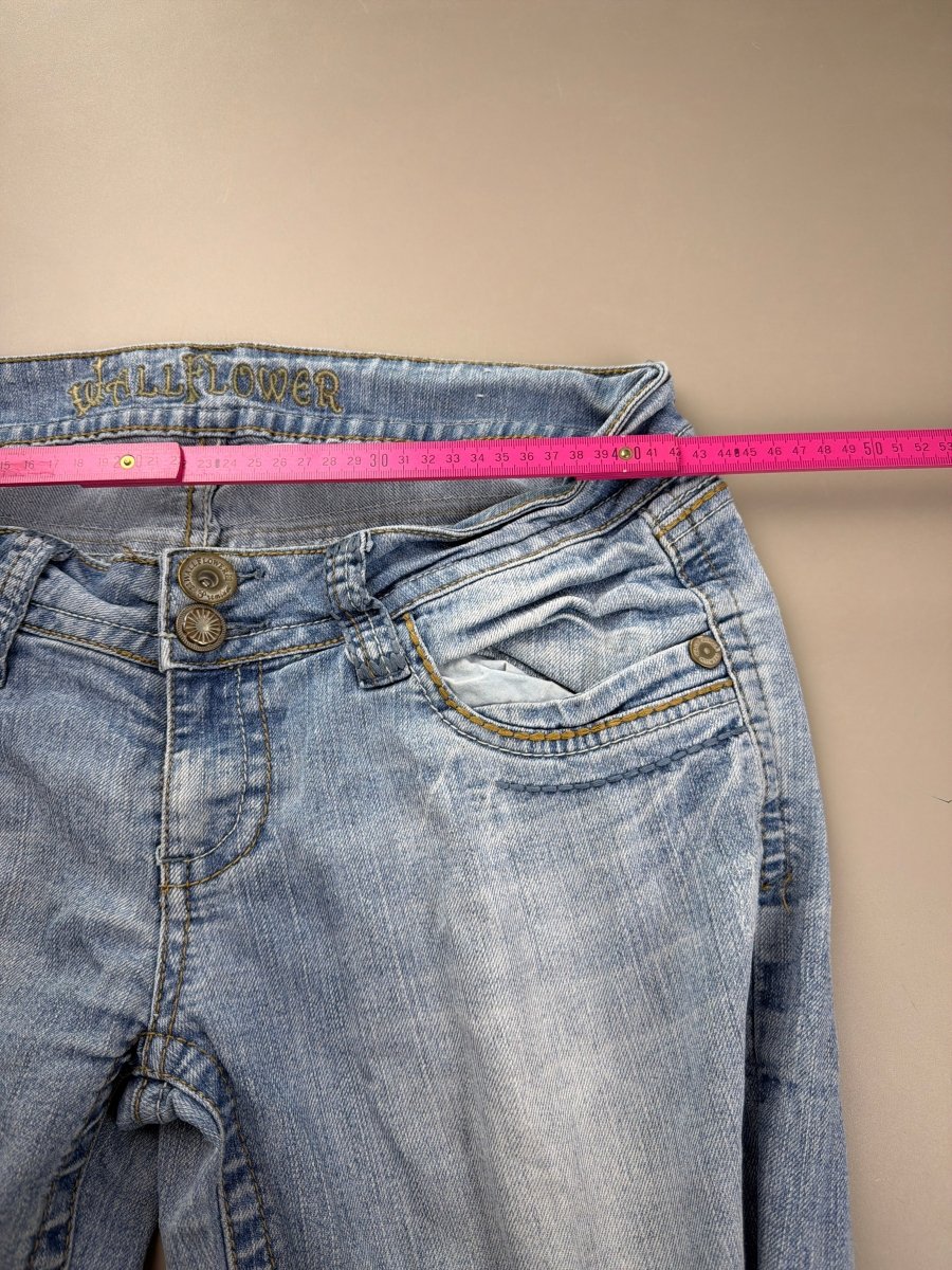 WallFlower "Stardust" Low Waist Flared Denim - Embroidered Cyber Y2K Light Wash - Past Pieces