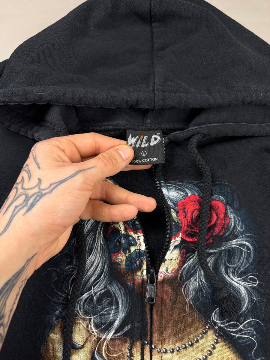 WILD "Santa Muerte" Graphic Zip Hoodie - Washed Black - Past Pieces