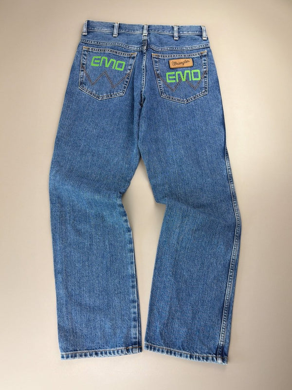 Wrangler "Texas 1947" Custom EMO Graphic Denim - Neon Green Cyber Blue