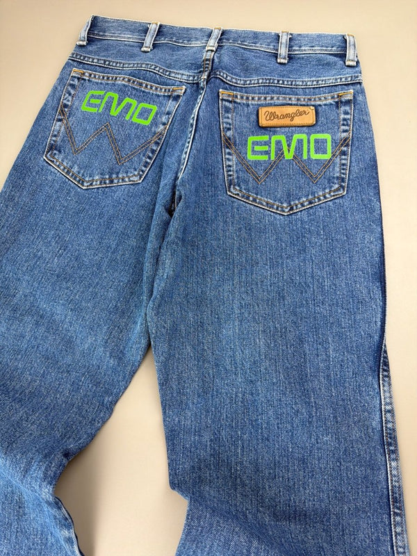 Wrangler "Texas 1947" Custom EMO Graphic Denim - Neon Green Cyber Blue