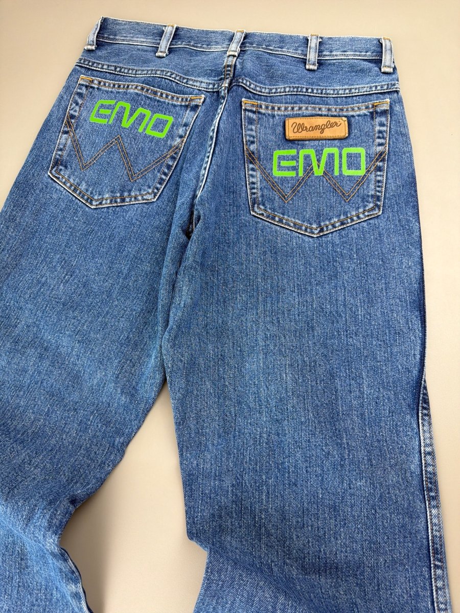 Wrangler "Texas 1947" Custom EMO Graphic Denim - Neon Green Cyber Blue - Past Pieces