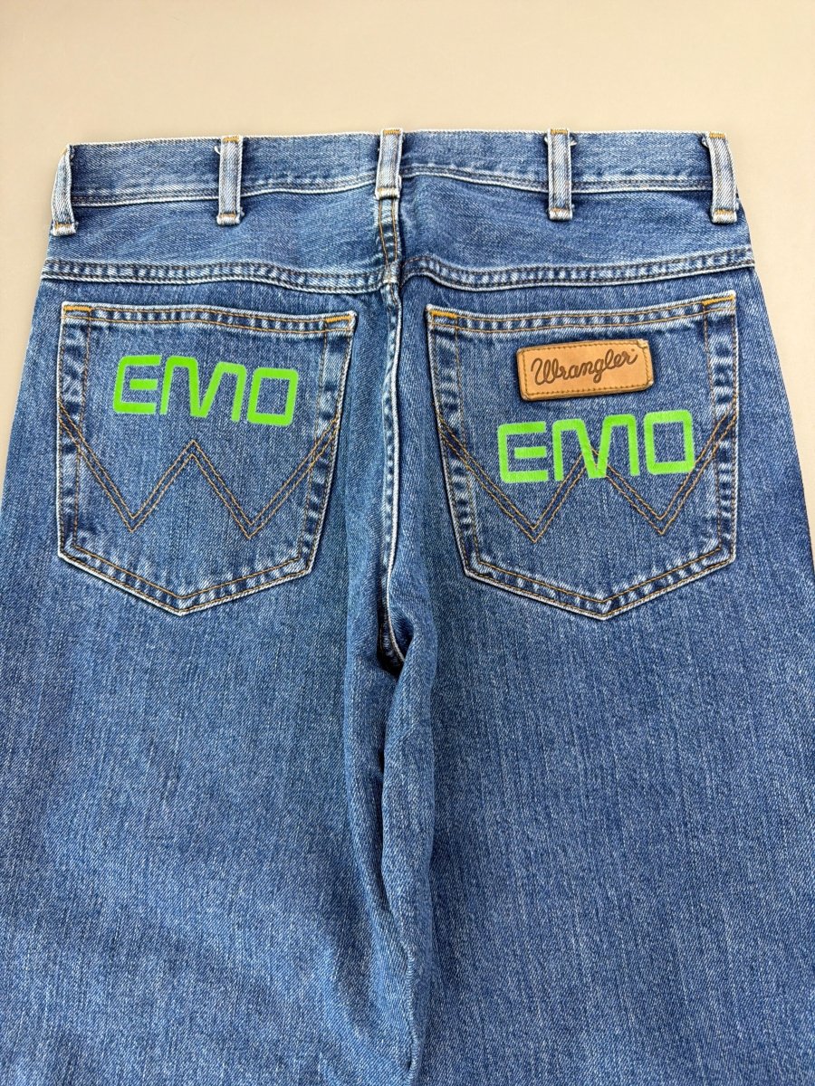 Wrangler "Texas 1947" Custom EMO Graphic Denim - Neon Green Cyber Blue - Past Pieces