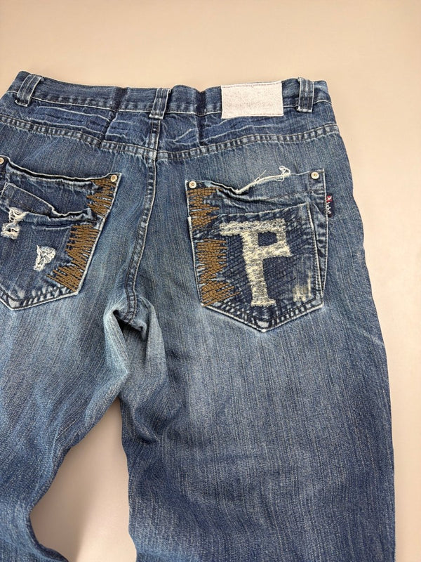 Xight "Cyber-P" Distressed Baggy Jeans – Faded Blue Grunge