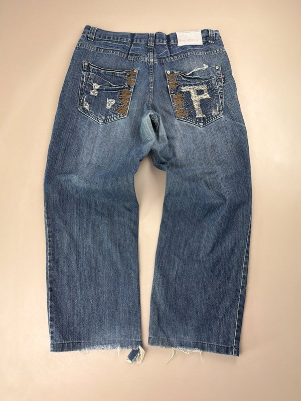 Xight "Cyber-P" Distressed Baggy Jeans – Faded Blue Grunge