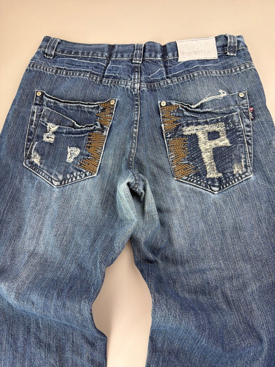Xight "Cyber - P" Distressed Baggy Jeans – Faded Blue Grunge - Past Pieces