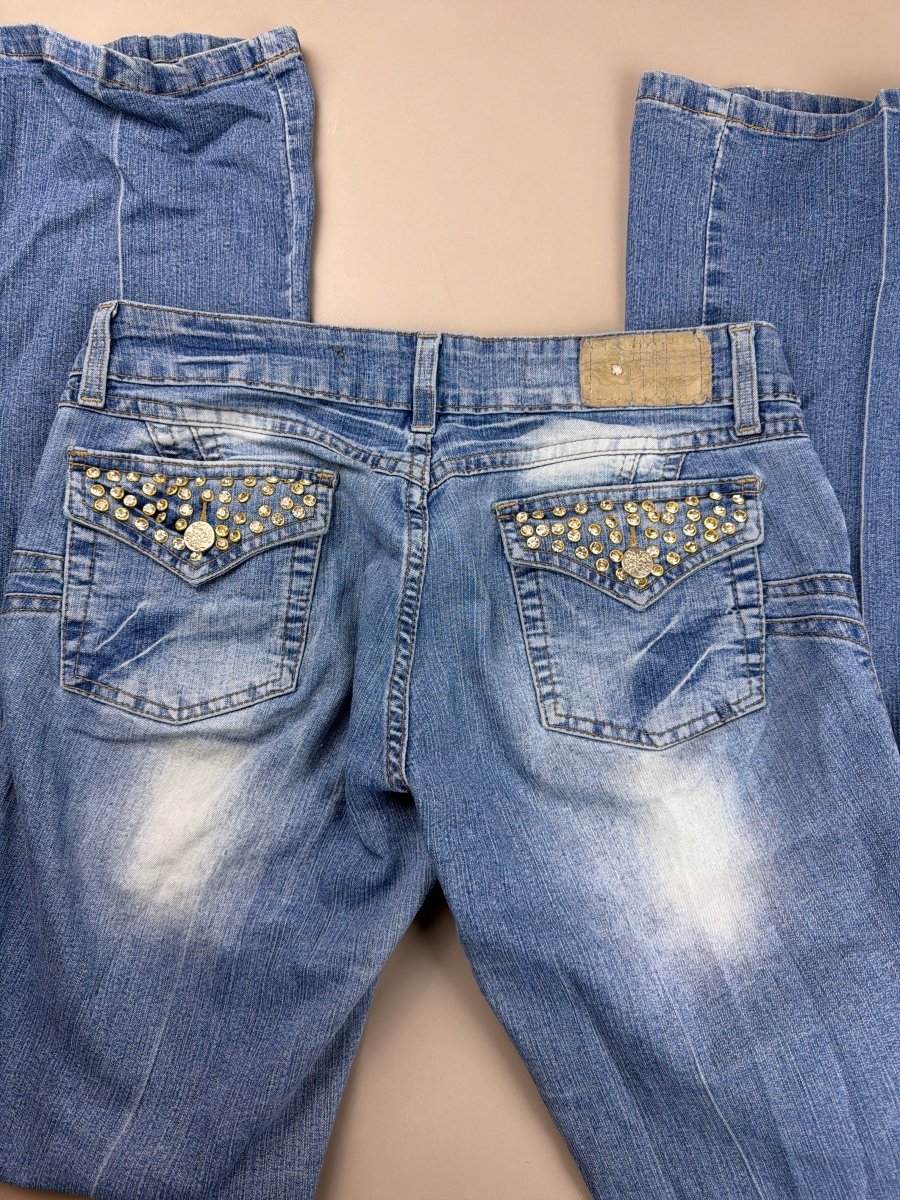 Y2K Archive "Rhinestone" Low Waist Flares - Blue Stonewash - Past Pieces